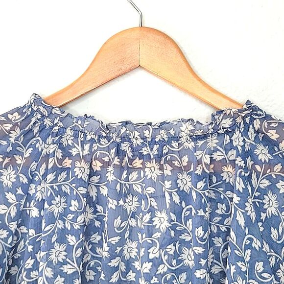 AAKAA Blue White Sheer Floral V-neck Blouse size L Loose Fitting Flowy Tassels - Picture 8 of 13